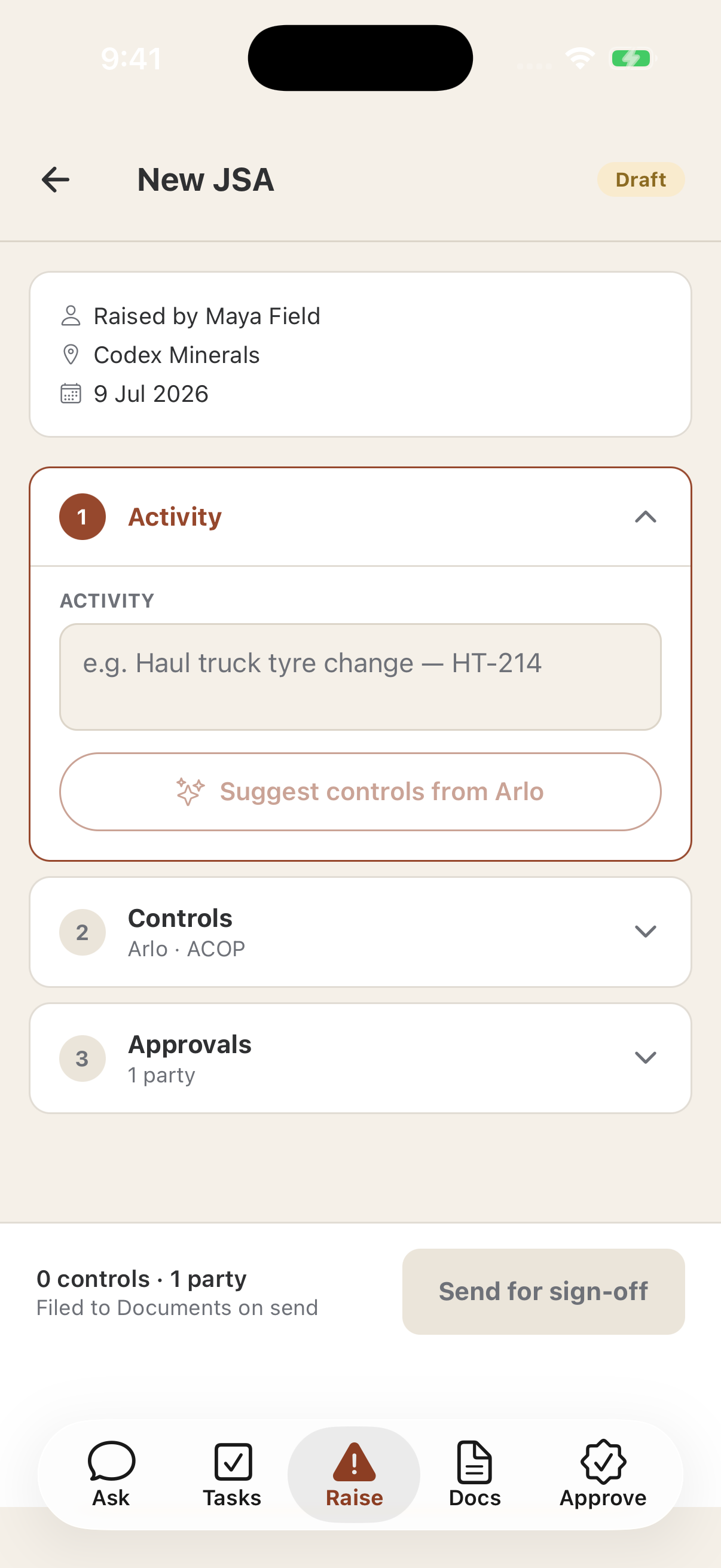 Amplis OS mobile New JSA draft screen raised by Maya Field