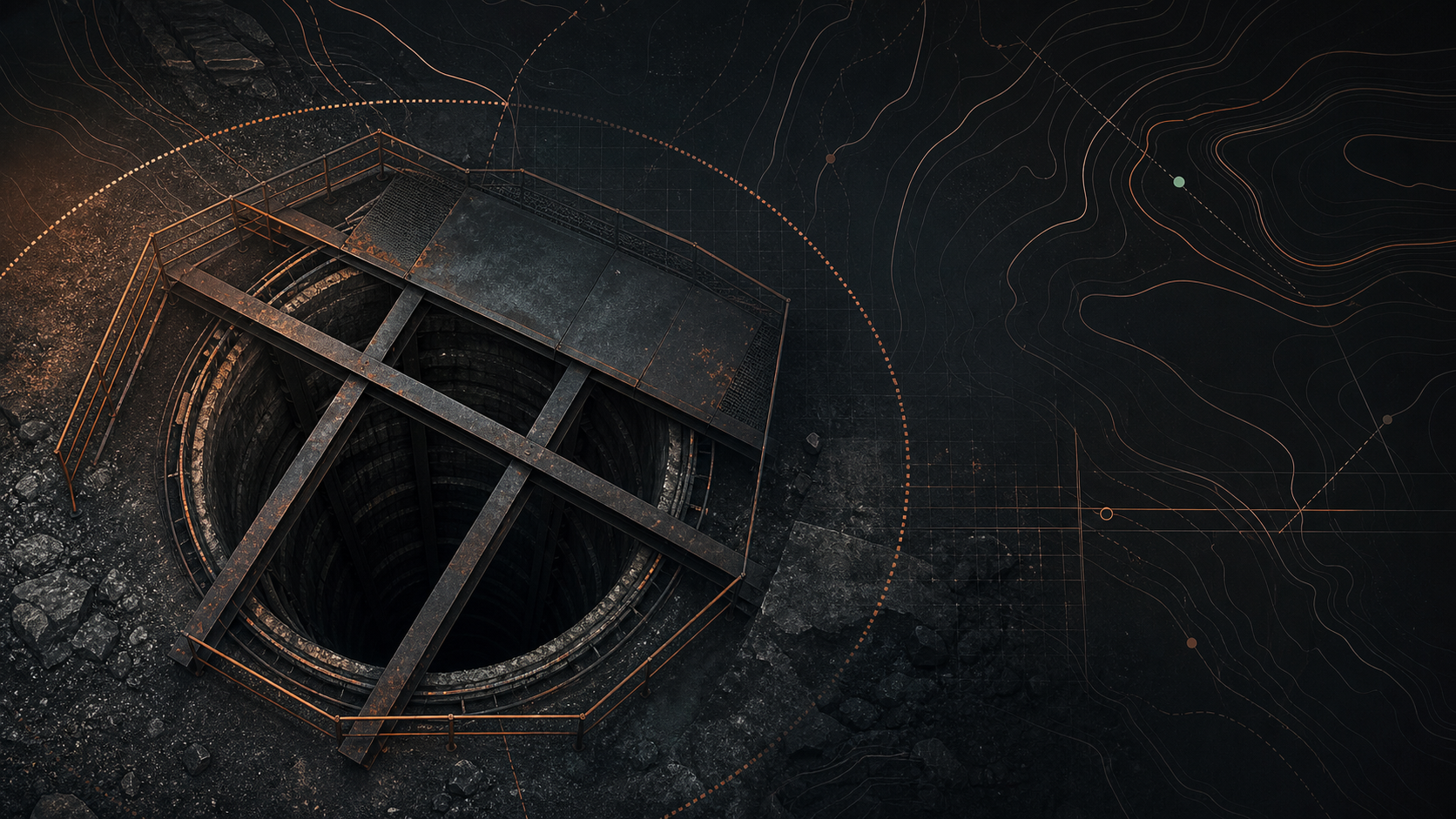 Abstract view of a deep mine shaft with steel cover beams and terracotta contour overlays.