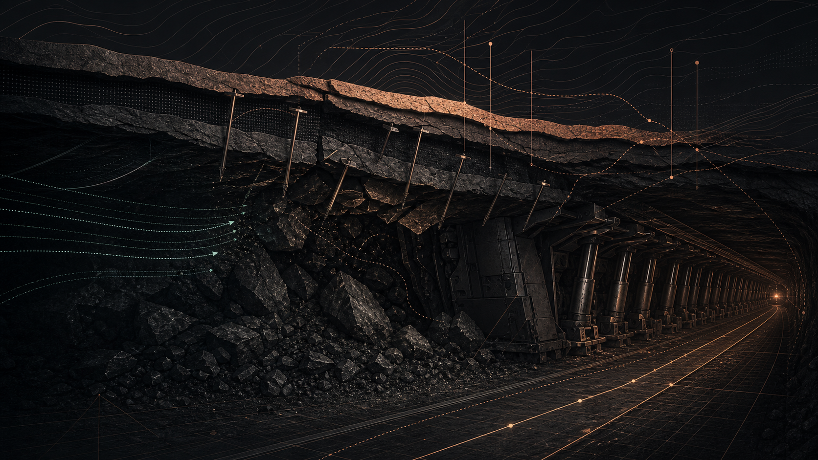 Abstract underground roadway showing roof strata, support bolts, and ventilation flow lines.
