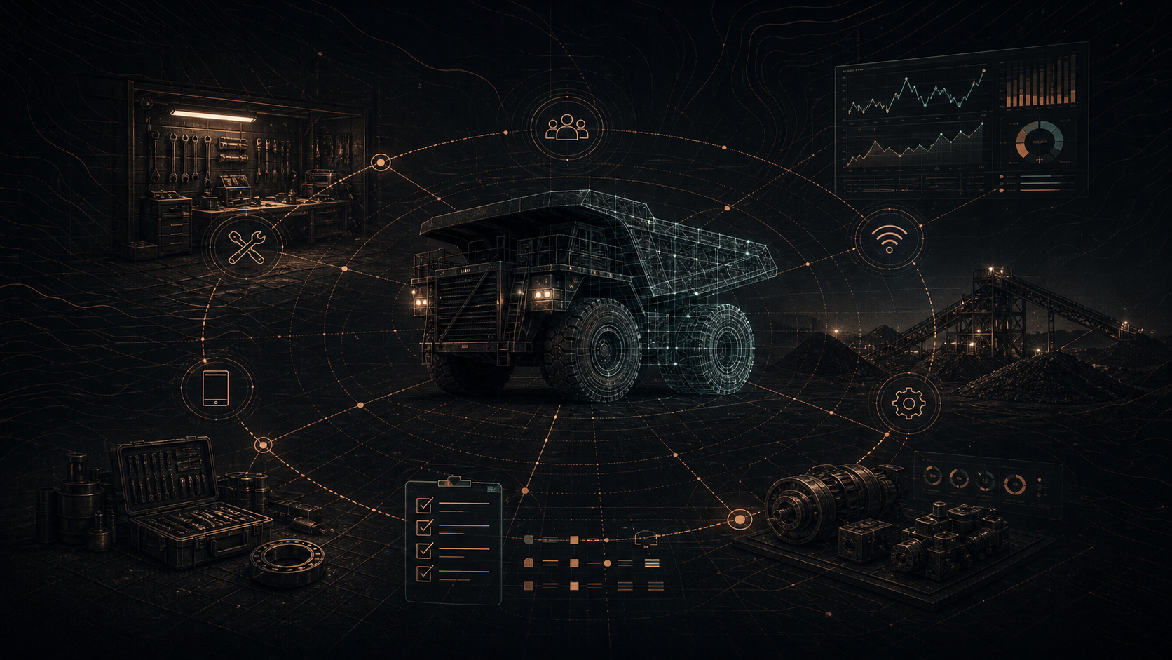 Abstract maintenance workshop and digital mine asset network around a haul truck model.