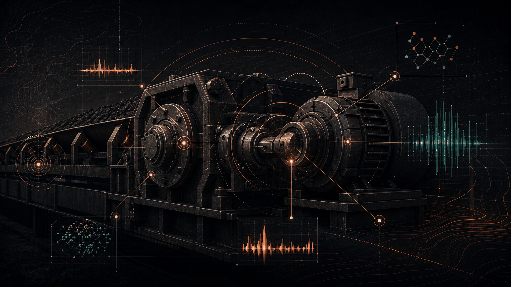 Mining conveyor drive with sensor nodes, waveform overlays, and condition monitoring signals.
