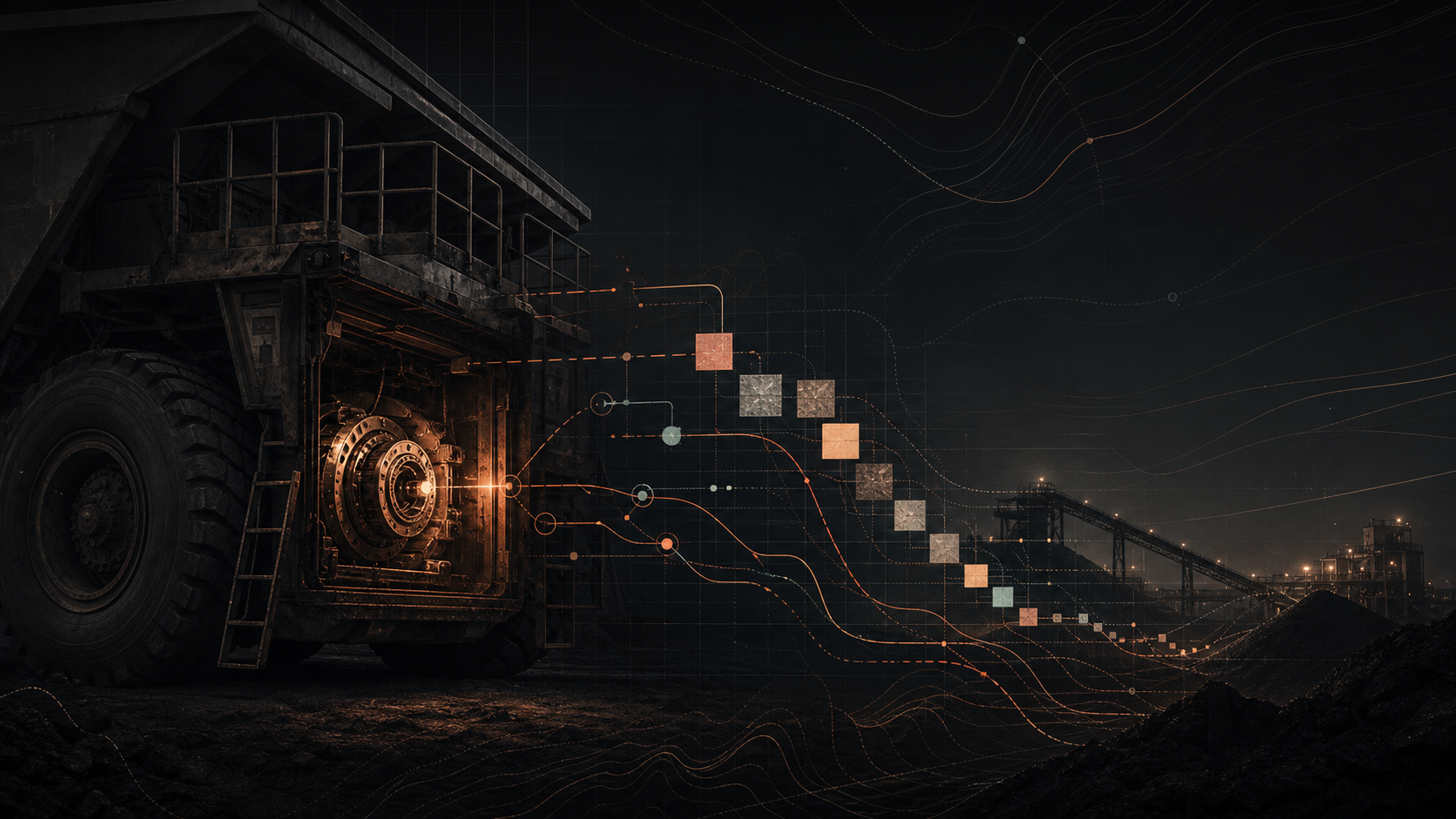 Dark haul truck maintenance scene with a highlighted component and cascading diagnostic lines.
