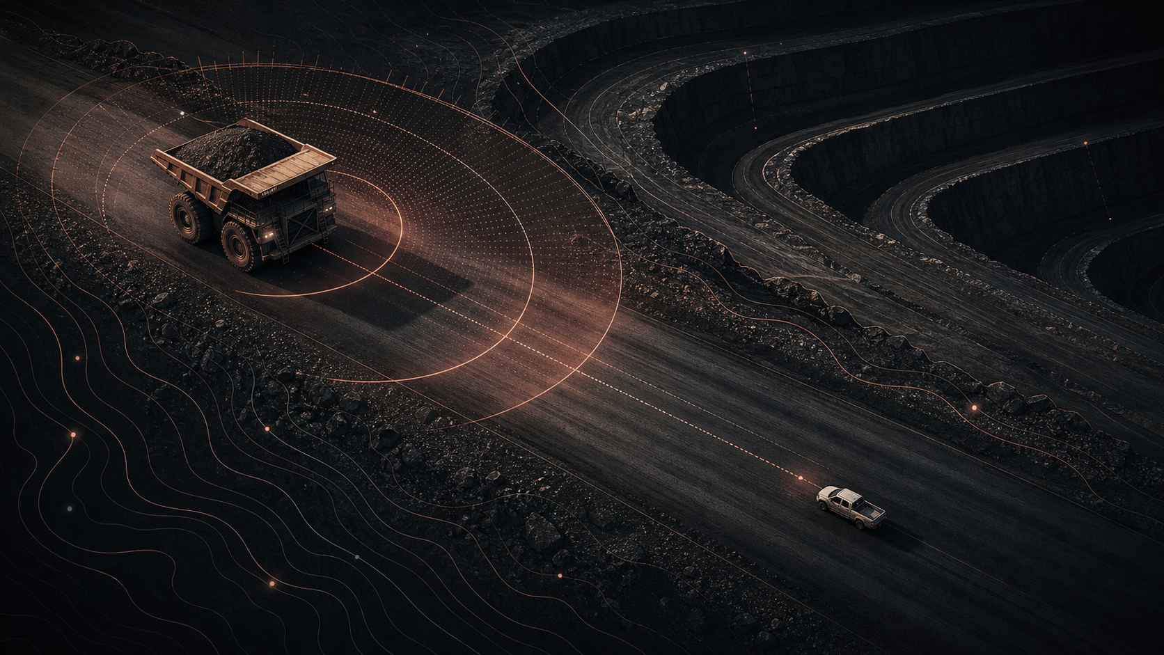 Abstract open cut haul road with a haul truck, light vehicle, and glowing proximity zones.