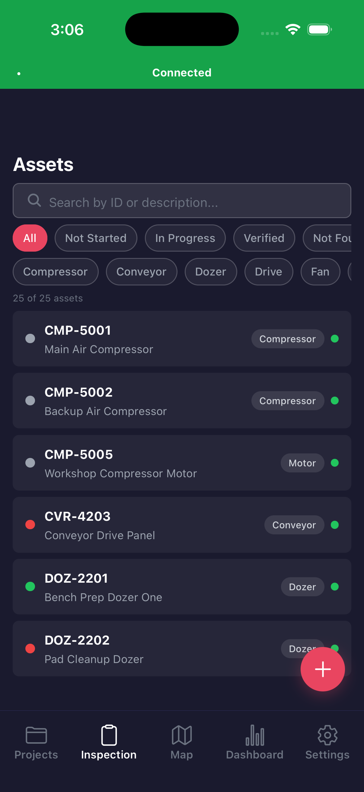 Amplis Inspection generated demo asset list with fictional asset IDs